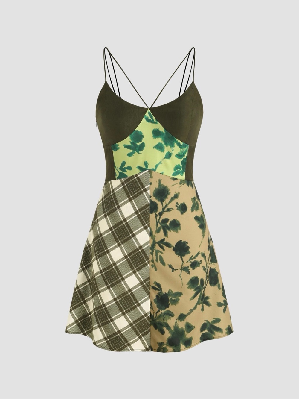 Patchwork Floral & Plaid Mini Dress in Olive and Cream